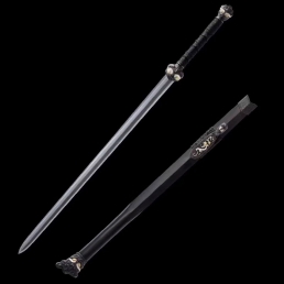 扭转纹烧刃鎏金银八面饕餮剑|龙泉宝剑|花纹钢烧刃